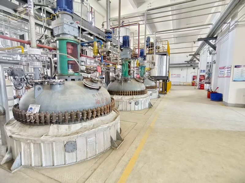 A row of glass-lined reactors with agitator drives and interlocked feed lines